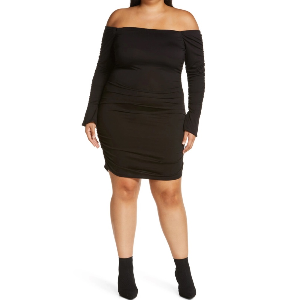 WAYF Kerry Ruched Off Shoulder Long Sleeve Bodycon Mini Dress Black Size 3X NWT